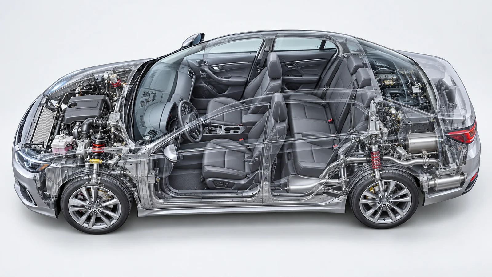 Photorealistic automotive application map with visible engine bay and cabin